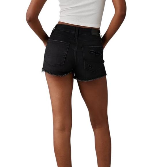American Eagle Next Level Black Distressed Frayed Hem Denim Shorts Size 6 - Picture 2 of 12